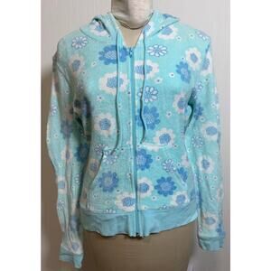 Vintage Lilly Pulitzer Rare Blue Flowers Full Zipper Hoodie Jacket Terry Cloth M